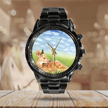 Discover Cute Little Fawn in the Grass Illustration Calendar Steel Band Watch