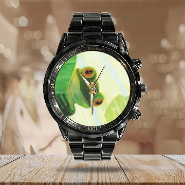 Discover Cute Green Frog Peeping out From Behind Lily Pad Calendar Steel Band Watch