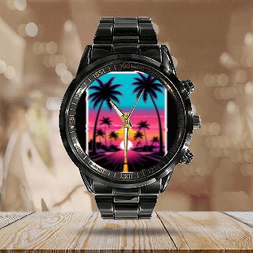 Discover Lonely Road to Miami Sunset Vaporwave 80s Calendar Steel Band Watch