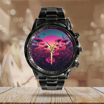 Discover Synthwave Wild Flower Design Calendar Steel Band Watch