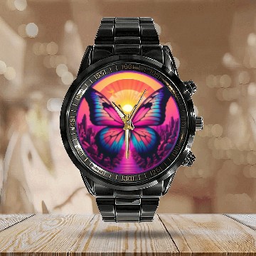 Discover Synthwave ButterFly at Sunset Calendar Steel Band Watch