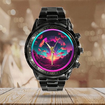 Discover Synthwave Colorful Cosmos Design inside Circle Calendar Steel Band Watch