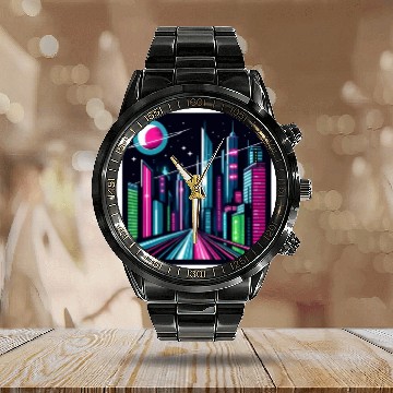 Discover Futuristic cityscape Retro Synthwave Cyberpunk Calendar Steel Band Watch