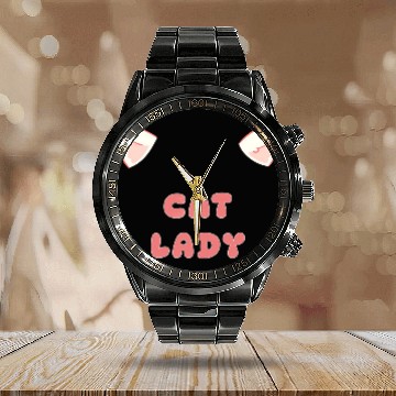 Discover Cute Cat Lady Calendar Steel Band Watch with Kitty Ears for Cat Lover