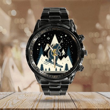 Discover Skiing Grizzly Calendar Steel Band Watch