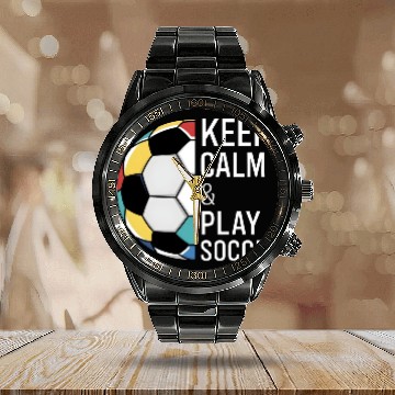 Discover Keep Calm and Play Soccer Calendar Steel Band Watch