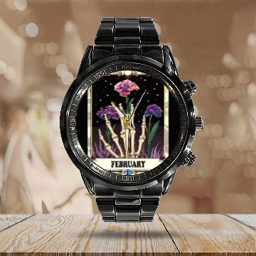 Discover February Gothic Tarot Card - Violet Flower & Skele Calendar Steel Band Watch