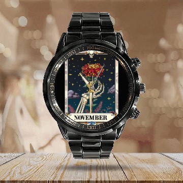 Discover November Gothic Tarot Card - Chrysanthemum Flower Calendar Steel Band Watch