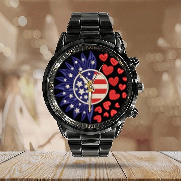 Discover American Sunflower Hearts Embrodery Effect Calendar Steel Band Watch