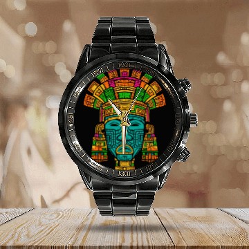 Discover Aztec God Ancient Mythology Tlaloc Mask Vibrant Calendar Steel Band Watch