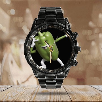 Discover Green Bell Pepper Dabbing Realistic Calendar Steel Band Watch