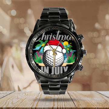Discover Christmas in July Golf Santa Hat Funny Summer Calendar Steel Band Watch