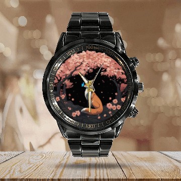 Discover Cherry Blossom Fox Mythical Kitsune with Butterfly Calendar Steel Band Watch