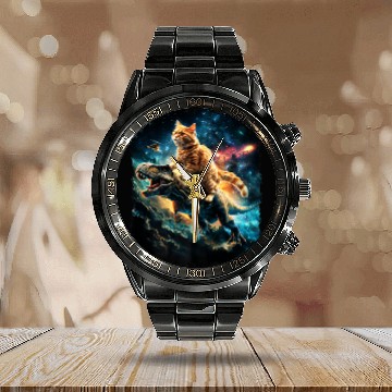 Discover Cat Riding Dinosaur Rex Premium Calendar Steel Band Watch