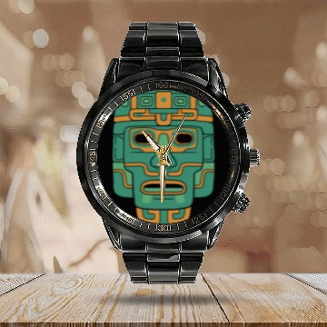 Discover Aztec God Ancient Mythology Huitzilopochtli Mask Calendar Steel Band Watch