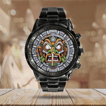 Discover Aztec God Ancient Mythology Tonatiuh Mask Calendar Steel Band Watch