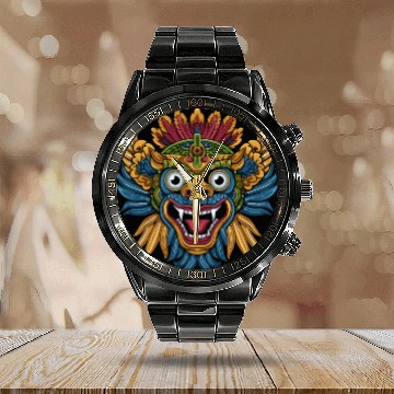 Discover Aztec God Ancient Mythology Tlaloc Vibrant Mask Calendar Steel Band Watch