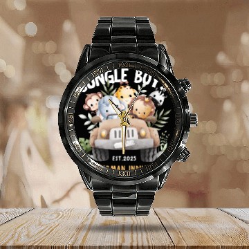 Discover Brown and White Cute Watercolor Jungle Calendar Steel Band Watch