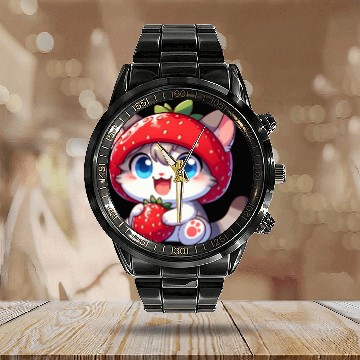 Discover Cute Cat Strawberry Fruit Hat Quirky Calendar Steel Band Watch
