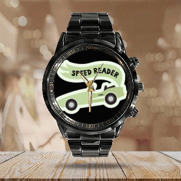 Discover Speed ReaderBookish Racing Car Pastel Green Lemon Calendar Steel Band Watch