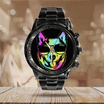 Discover Retro Australian Cattle Dog With Sunglasses Calendar Steel Band Watch