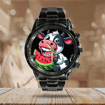 Discover Funny cow bull steer watermelon summer fruit Calendar Steel Band Watch