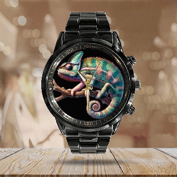 Discover fascinating, lively chameleon motif Calendar Steel Band Watch