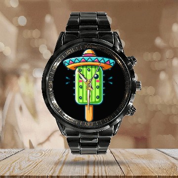 Discover funny cactus ice cream motif with colorful sombrer Calendar Steel Band Watch