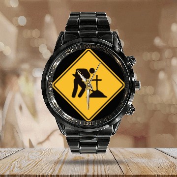 Discover Midnight Exhume Site - Weird Road Sign Calendar Steel Band Watch