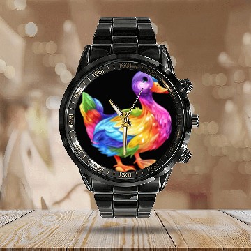 Discover Duck Rainbow Colorful Feathered Duck Illustration Calendar Steel Band Watch