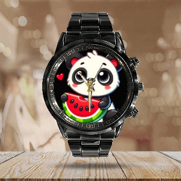 Discover The cute panda enjoys a piece of watermelon Calendar Steel Band Watch