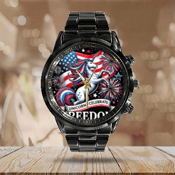 Discover Star-Spangled Unicorn with American Pride and Calendar Steel Band Watch