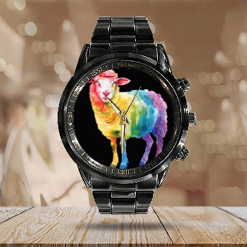 Discover Shepherd Sheep Farm Animal Rainbow Sheep Colorful Calendar Steel Band Watch