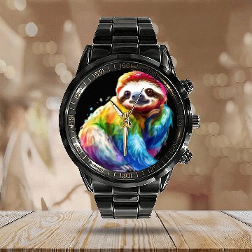Discover Sloth Rainbow Animal Colorful Cute Art Calendar Steel Band Watch
