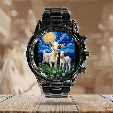 Discover Goats Farm Animals Farmer Starry Night Painting Calendar Steel Band Watch