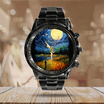 Discover Golf Player Golfer Golfing Starry Night Painting Calendar Steel Band Watch