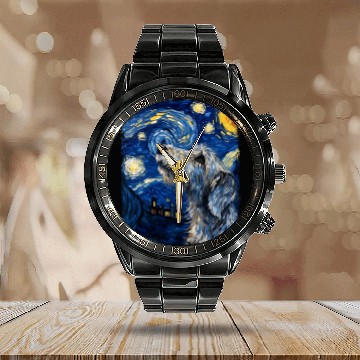 Discover Irish Wolfhound Dog Starry Night Painting Calendar Steel Band Watch