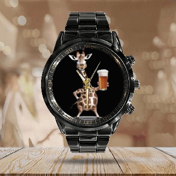 Discover Giraffe Drinking Beer Realistic Calendar Steel Band Watch