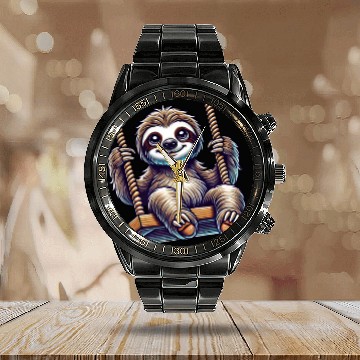 Discover Cute sloth swing cartoon playground animal Calendar Steel Band Watch