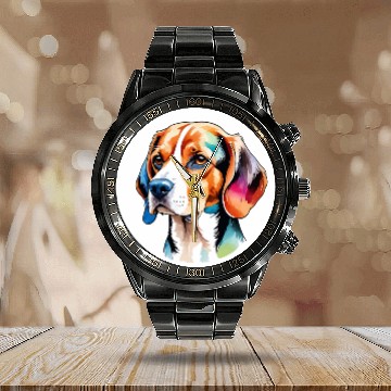 Discover Beagle Watercolor Calendar Steel Band Watch