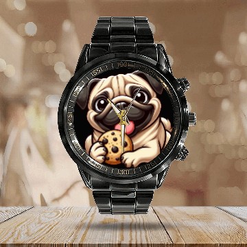 Discover Cute pug cookie cartoon dessert sweet treat Calendar Steel Band Watch