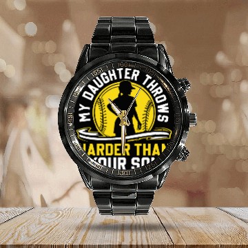 Discover Throw Harder Softball Dad Funny Daddy Father's Day Calendar Steel Band Watch