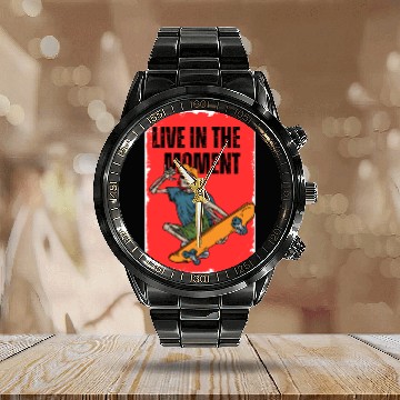 Discover Funny playful Skateboarder: Live in the Moment Calendar Steel Band Watch