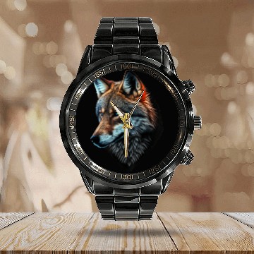 Discover Wolf Portrait Animal Print Calendar Steel Band Watch