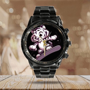 Discover Cute Snowboarder Tiger Calendar Steel Band Watch