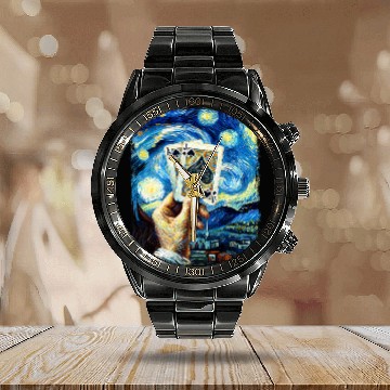 Discover Blackjack Gambling Cards Starry Night Painting Calendar Steel Band Watch