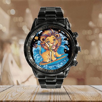 Discover Cute Surfing Lion Riding the Waves Calendar Steel Band Watch