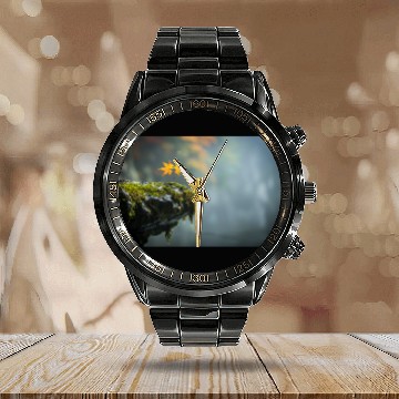 Discover Autumn Leaves on Mossy Rock Cliff Edge Calendar Steel Band Watch