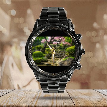 Discover Serene Japanese Garden with Waterfall and Blossoms Calendar Steel Band Watch