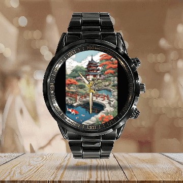 Discover Serenity Under Cherry Blossoms- Japanese castle Calendar Steel Band Watch